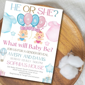 Modèle d'invitation de révélation de sexe modifiable, invitation à une fête avec ours en peluche, carte de baby shower rose et bleu, conception sur toile garçon ou fille