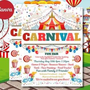 de Flyer de foire de carnaval | Faire-part de carnaval familial modifiable | School PTA PTO Circus Party Flyer | Collecte de fonds pour les entreprises religieuses