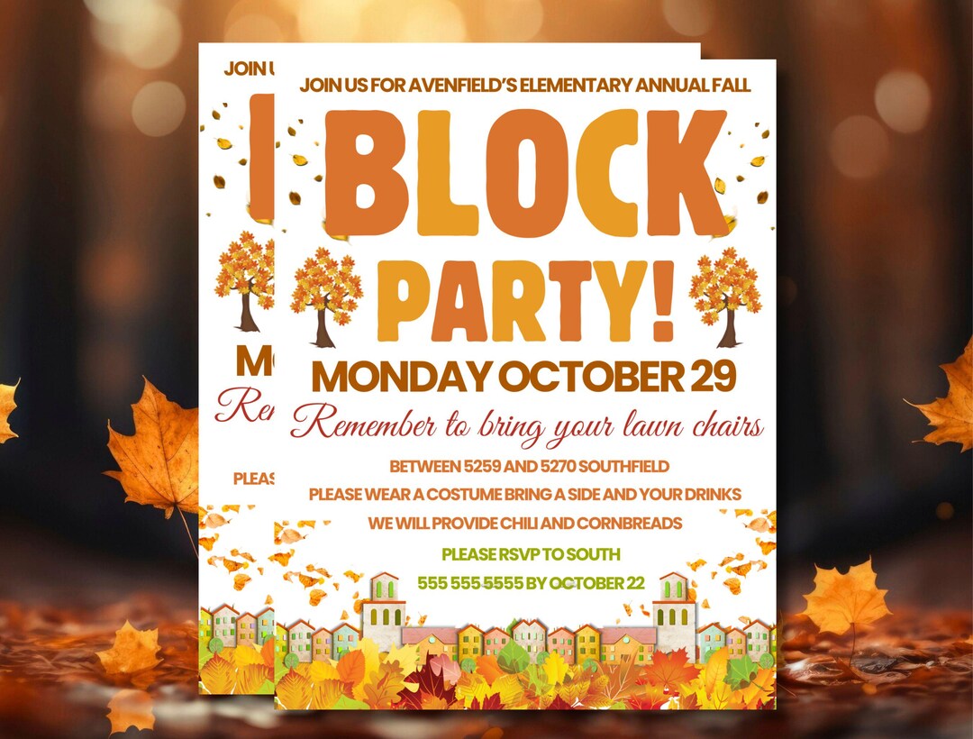Fall Block Party Flyer Editable Template for Autumn Neighborhood Party ...