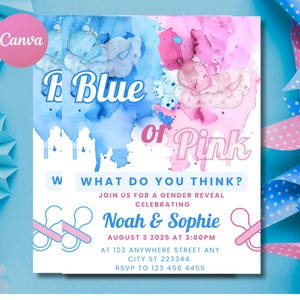 Faire-part de révélation de genre modifiable | Il ou elle invite à la fête | Baby shower rose ou bleu | aquarelle sexe bébé révélateur de sexe | Téléchargement instantané