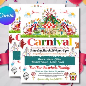 Könnte beinhalten: Ein farbenfroher Karnevalsflyer mit einer Cartoon-Illustration eines Karnevals-Vergnügungsparks. Der Flyer wirbt für einen Karneval an der Avenfield Elementary School am Samstag, den 26. März von 16:00 bis 20:00 Uhr. Der Flyer listet Aktivitäten wie Spiele, Musik, Fahrgeschäfte, ein Hüpfburg und Foodtrucks auf. Der Flyer gibt auch an, dass die Tickets 5 $ pro Schüler und 10 $ pro Gast kosten. Der Flyer wird von der Avenfield PTA gesponsert.