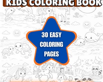 Kids Coloring Book Ages 4–6 | 30 Easy Cute Animal Coloring Pages | Printable PDF | Instant Download