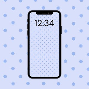May include: A black smartphone displaying the time 12:34 on a light blue polka dot background. The phone is set against a light blue backdrop adorned with blue star-shaped patterns. The image is clean and modern.