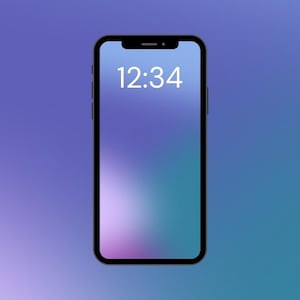 Op de afbeelding: Een zwarte smartphone met een scherm met een blauwe, paarse en turquoise gradiënt. De tijd 12:34 wordt in het wit weergegeven. De telefoon heeft een zwarte rand en een inkeping aan de bovenkant.