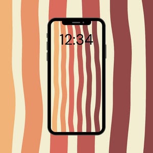 May include: A black smartphone displays the time 12:34 on a screen with a wavy, vertical striped pattern. The stripes alternate between shades of orange, red, and cream, set against a cream background.