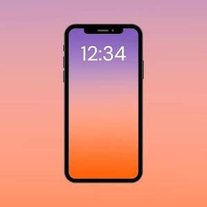 May include: A black smartphone with a gradient display showing the time 12:34. The screen transitions from purple at the top to orange at the bottom. The phone is set against a matching gradient background.