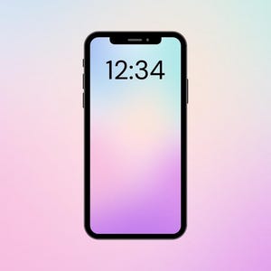 May include: A black smartphone displays the time 12:34 on a screen with a gradient background of pastel colors, including pink, purple, and blue. The phone's screen is the focal point, showcasing the time against the soft, blended hues.