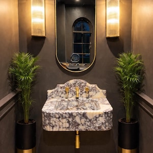May include: A luxurious bathroom interior featuring a marble sink with gold fixtures, a large oval mirror, and two wall sconces. Two potted plants flank the sink, adding a touch of greenery to the space. The walls are painted a dark gray.
