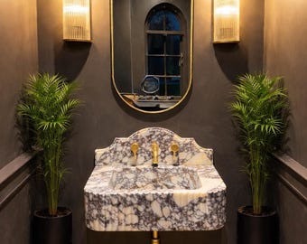 Custom Size Calacatta Viola Marble Sink , Bathroom Sink, Wall mounted Sink with Backsplash, Handcarved Sink, Natural Stone Washbasin