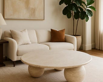 Modern Beige Travertine Coffee Table, Handmade Natural Stone Centerpiece, Handcrafted Stone Furniture
