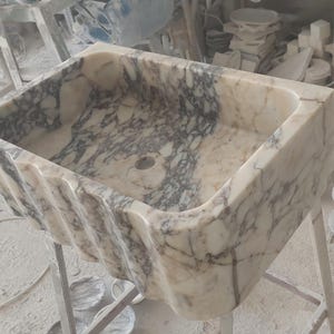 Elegant Ribbed Design Marble Sink, Handcrafted Rectangular Marble Sink, Unique Calacatta Viola Basin Luxury Bathroom Natural Stone Washbasin