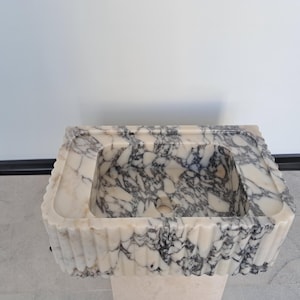 Ribbed Design Sink, Luxury Bathroom Basin, Natural Stone Washbasin, Elegant Vanity Sink, Handcrafted Calacatta Viola Marble Sink,