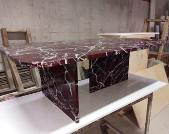 Handcrafted Rosso Levanto Marble Rectangle Coffee Table, Natural Stone Oblong Side Table