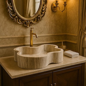 Handcrafted Silver Travertine Vessel Sink, Guitar Shape Bathroom Basin, Natural Stone Washbasin, Elegant Vanity Sink, Curved Design Sink