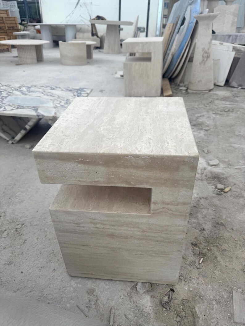 Handcrafted Beige Travertine Table, Natural Stone Coffee Table, Sculptural Side Table, Modern Minimalist Accent, Custom Furniture image 8