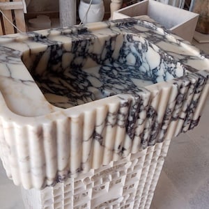 Handmade Calacatta Viola Marble Sinks, Ribbed Design Sink, Luxury Bathroom Basin, Natural Stone Washbasin, Elegant Vanity Sink, Gift for Her