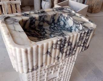 Handmade Calacatta Viola Marble Sinks, Ribbed Design Sink, Luxury Bathroom Basin, Natural Stone Washbasin, Elegant Vanity Sink, Gift for Her