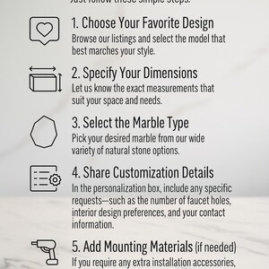 May include: A graphic with the text "How to Place a Custom Order" and numbered steps for ordering custom marble pieces. Steps include choosing a design, specifying dimensions, selecting marble type, sharing customization details, adding mounting materials, and confirming the order.