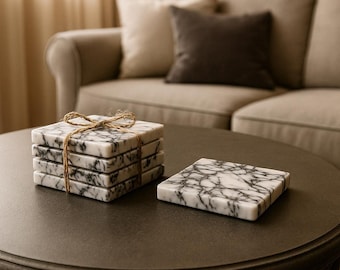 Sottobicchieri di lusso in marmo Calacatta Viola, set da 4, sottobicchieri quadrati, elegante regalo in pietra naturale, arredamento per la casa fatto a mano, regalo in pietra