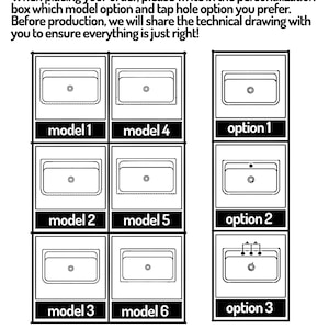 May include: A black and white graphic with text that reads "Choose Your Model & Tap Hole Option." The image displays six model options and three tap hole options for a sink. The text also includes instructions for ordering.