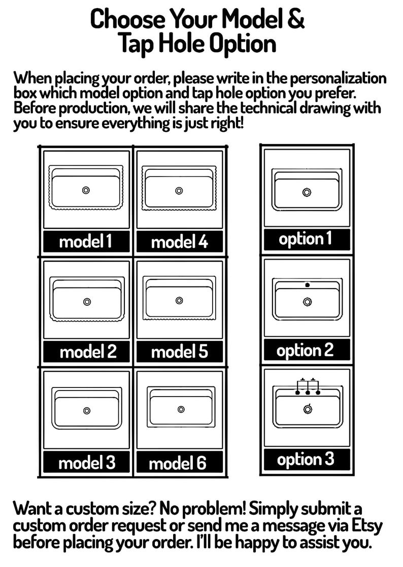 May include: A black and white graphic with text that reads "Choose Your Model & Tap Hole Option." The image displays six model options and three tap hole options for a sink. The text also includes instructions for ordering.