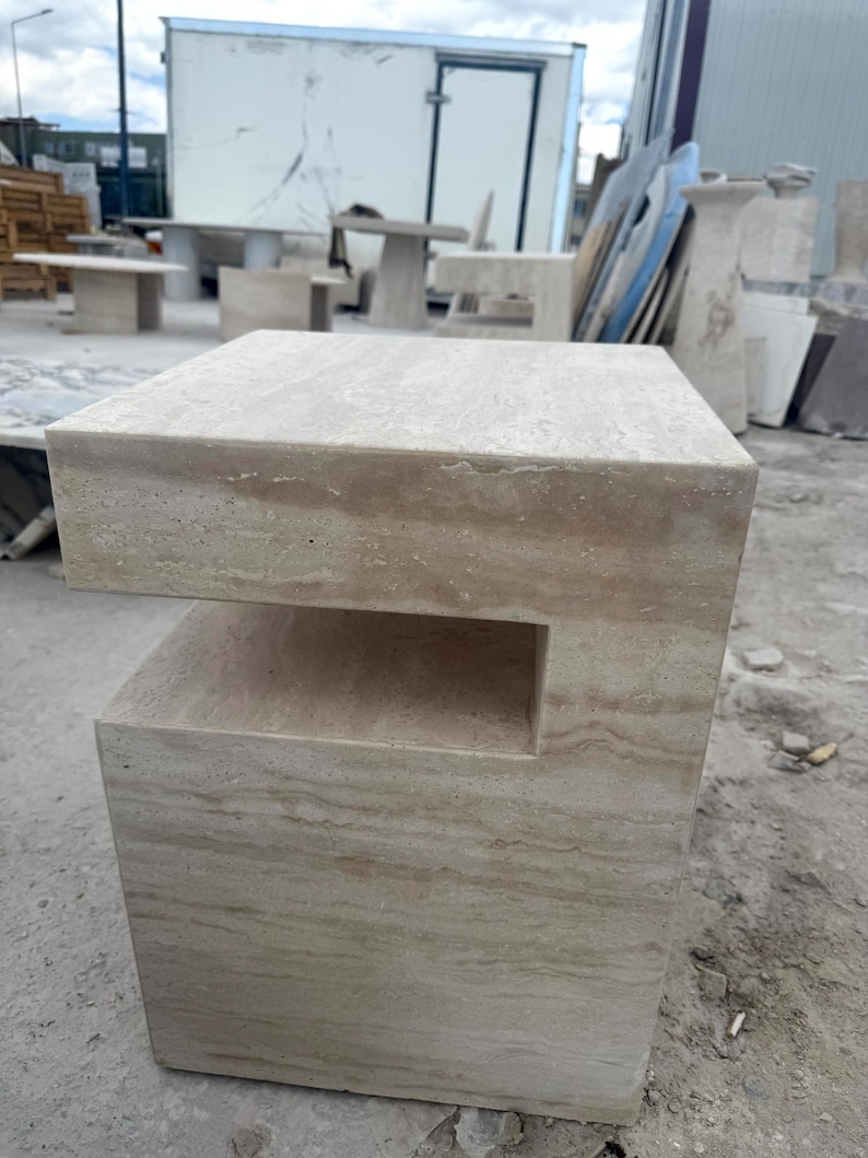 Handcrafted Beige Travertine Table, Natural Stone Coffee Table, Sculptural Side Table, Modern Minimalist Accent, Custom Furniture image 3