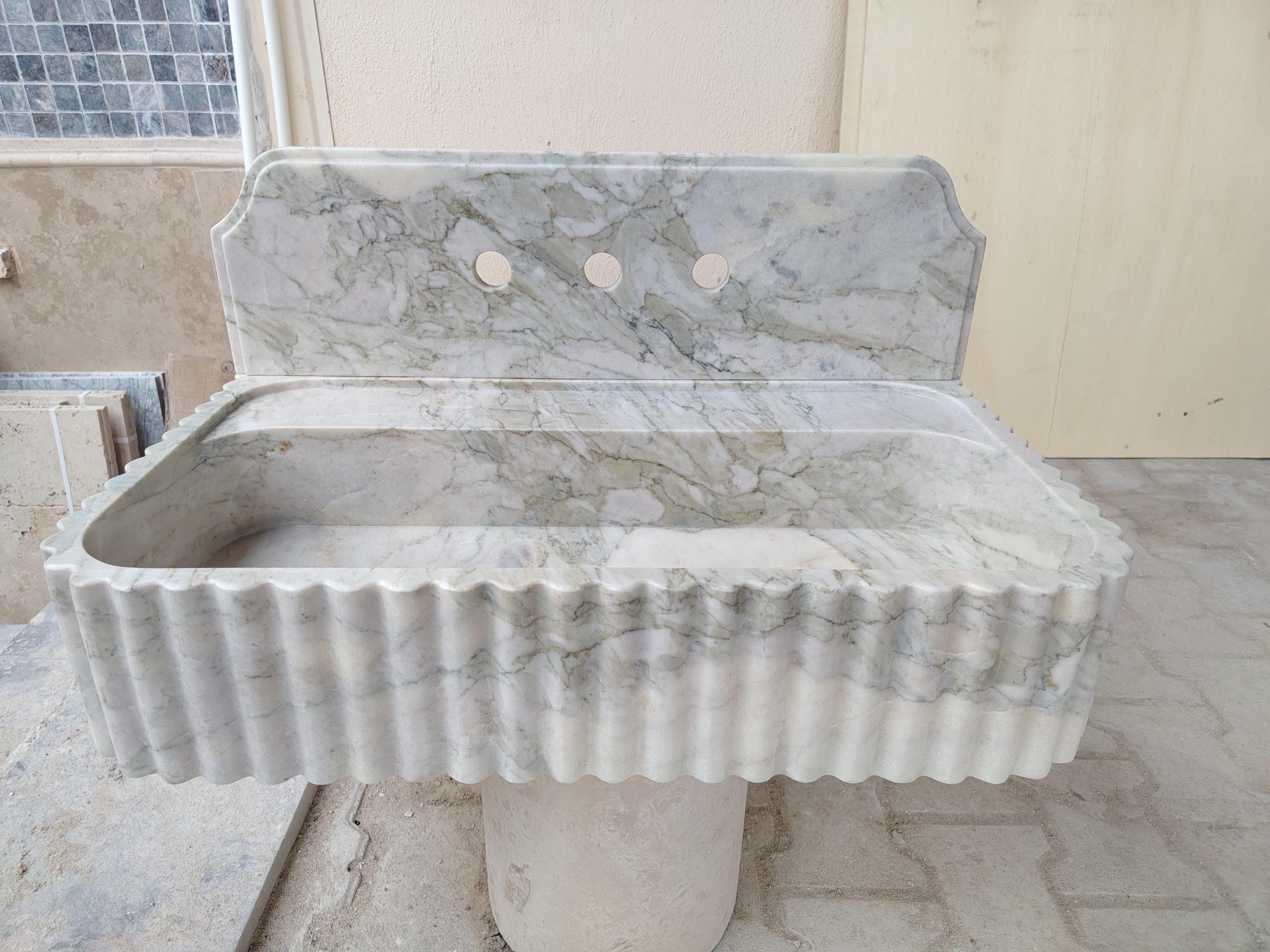 Customised Ribbed Design Solid Calacatta Green Marble Sink With ...
