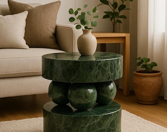 Mesa de centro de mármol verde, mesa de piedra natural artesanal, mesa auxiliar escultural, acento minimalista moderno, muebles personalizados de mármol verde Teos