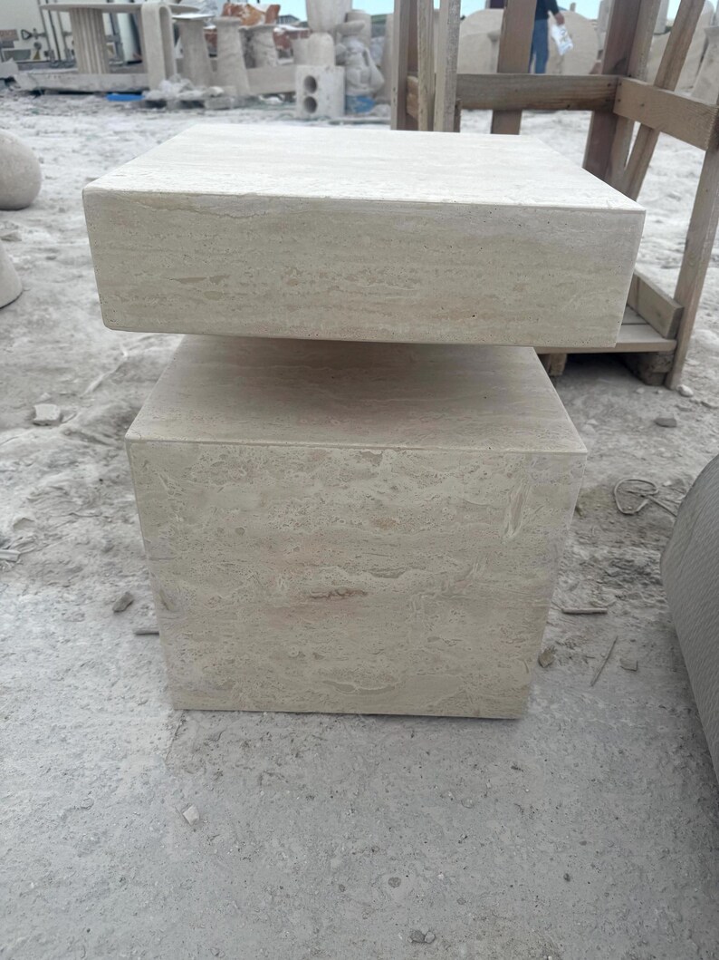 Handcrafted Beige Travertine Table, Natural Stone Coffee Table, Sculptural Side Table, Modern Minimalist Accent, Custom Furniture image 4