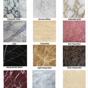 May include: A grid of marble samples, each with a unique pattern and color. The samples include Calacatta Viola, Carrara White, Calacatta Gold, Lilac, Travertine, Red Travertine, Alexandrette Black, Light Emparador, Dark Emparador, Rosso Levanto, Grey, and Crema. The text "Marble and Beyond" is at the top.