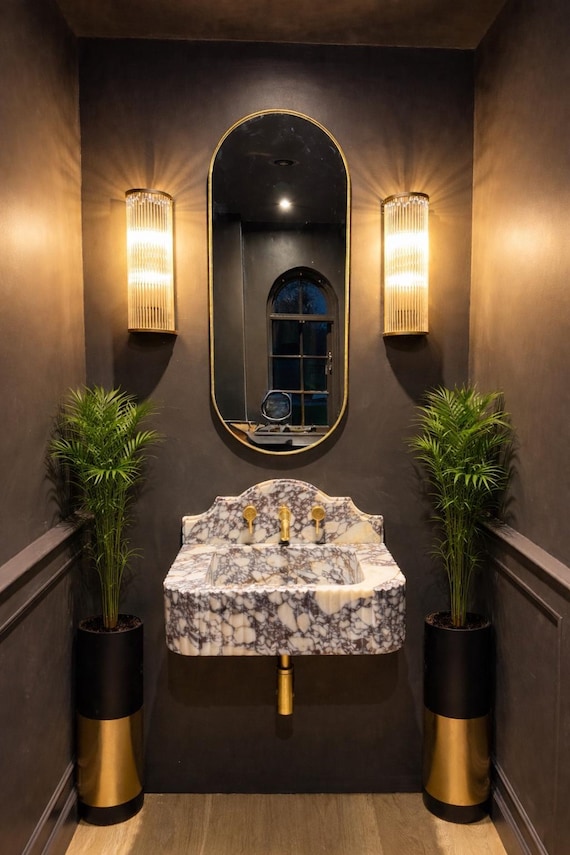 Custom Size Calacatta Viola Marble Sink , Bathroom Sink, Wall mounted Sink with Backsplash, Handcarved Sink, Natural Stone Washbasin