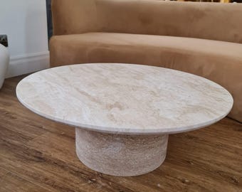 Modern Beige Travertine Coffee Table, Handmade Natural Stone Centerpiece, Handcrafted Stone Furniture
