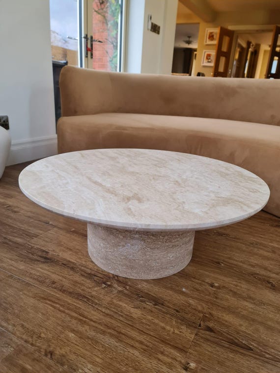 Modern Beige Travertine Coffee Table, Handmade Natural Stone Centerpiece, Handcrafted Stone Furniture