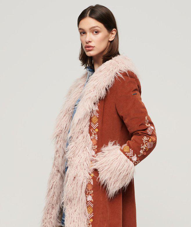 Elegant Women's Long Satin Fur Coat | OverCoat with Fur Collar in Reddish Rust Color
