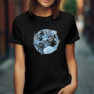 Elegant Floral Shirt - Blue Botanical Print Tee - Nature-Inspired Fashion - Garden Lover Gift - Feminine Floral Aesthetic