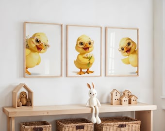 Baby Duck Nursery Art, Yellow Duck Flowers Print, Minimalist Room Decor (Digital Download)