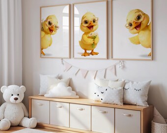 Baby Duck Nursery Art, Yellow Duck Flowers Print, Minimalist Room Decor
