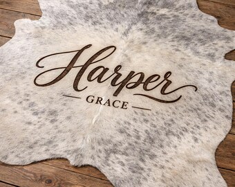Engraved Cowhide Rug | Personalized Cow Hides Western Home Decor, Custom Logo, Name & Brand Engraving Cow Skin Rugs