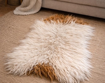 Natural Icelandic Sheepskin Rug 2x3 ft | Ivory Brown Real Sheep Skin Long Wool Fur | Bedroom Living Room Area Rugs for Home Decor