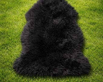 Natural Black Sheepskin Throw Rug 2x3 ft Single Pelt | Genuine Sheep Skin Western Decoration - Real Lambskin Hide Wool Fur Floor Area Rugs