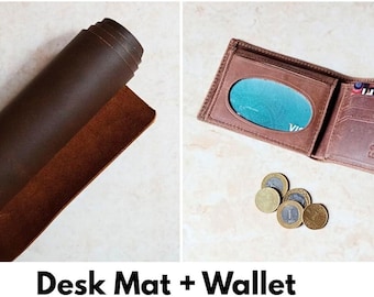Handmade Full Top Grain Leather Desk Pad & Wallet | Rustic Brown Genuine Leather Mat Table Protector, Blotter for Laptop, Home Office Decor