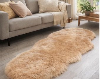 Genuine Camel Beige Sheepskin Rug Double Pelt 2x6 - Natural Wool Area Rugs for Living Room, Bedroom, Nursery, Home - Boho Decor, Chair, Sofa