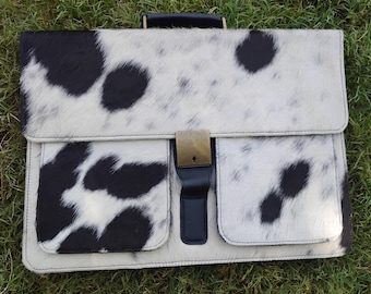 Handmade Cowhide Laptop Messenger Bag, Genuine Black White Hair-on Leather Briefcase Gift for Him