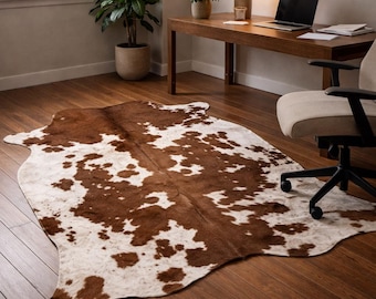 Natural Brown and White Cowhide Rug - Real Cow Skin Rugs for Living Room, Bedroom, Office | Hair On Hide Home Decor Floor Rug