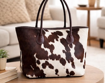 Natural Cowhide Handmade Tote Bag | Genuine Leather Hair On Shoulder Bags, Western Cow Skin Purse Handbags Gift for Her