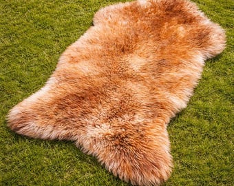 Genuine Mouflon Sheepskin Throw Rug - Golden Rust Natural Sheep Skin for Bedroom Living Room Lambskin Fur Home Decor - Floor Area Rugs