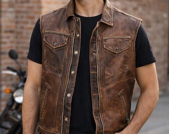 Handmade Distressed Brown Men's Leather Biker Vest | Genuine Lambskin Western Vintage Style Motorcycle Waistcoat