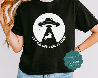 面白いUFOエイリアンコーギー皮肉シャツ：レトロな快適カラーのボックスクロップトップ