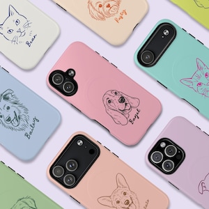 May include: A selection of mobile phone cases in pastel colours, each adorned with a line drawing of a cat or dog. The illustrations are accompanied by the pet's name. The cases are in shades of pink, blue, green, and cream.