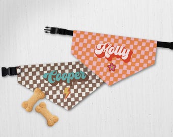 Retro Personalized Pet Bandana: Custom Checkered Dog Collar With Name